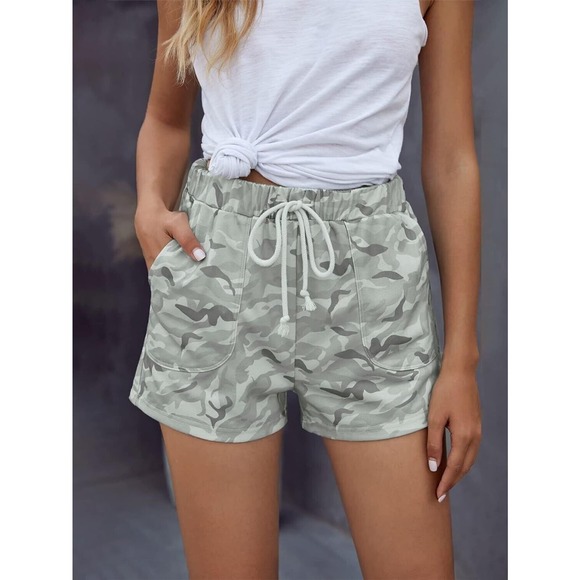 Women's Camo Print Drawstring High Waist Workout Track Shorts with Pockets - Picture 1 of 4